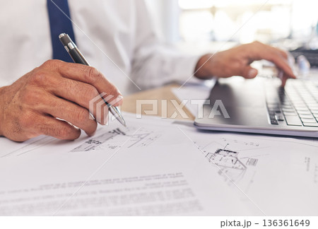 Closeup of hand, paperwork and architect, blueprint and laptop with writing, contractor and building design. Construction documents, architecture and person with floor plan, tech and notes with pen 136361649