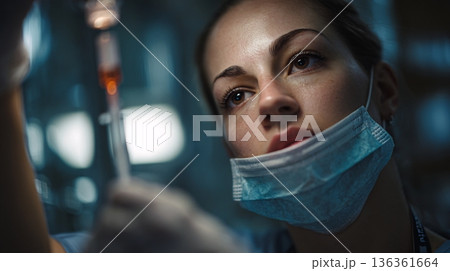 Focused young woman, a healthcare worker, observing an IV drip. 136361664