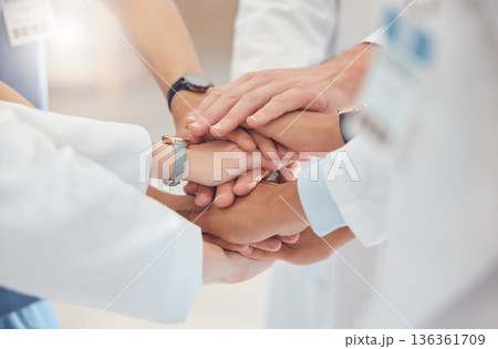 Hands together, team and collaboration with doctors and support, healthcare service and solidarity at hospital. Group of people, meeting and teamwork with health mission, innovation and strategy 136361709
