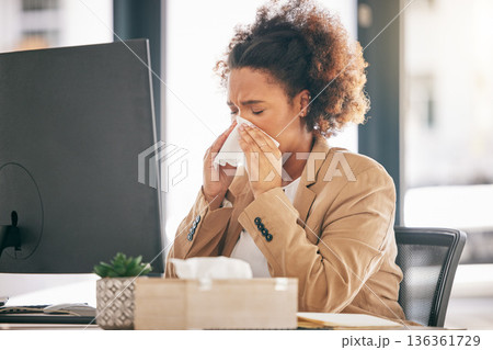 Corporate, blowing nose and woman with a sneeze, sick or allergies with virus, fatigue or health issue while working at office. Female person, employee or allergy with illness, cold or flu with sinus Corporate, blowing nose and woman with a sneeze, sick or allergies with virus, fatigue or health issue while working at office. Female person, employee or allergy with illness, cold or flu with sinus 136361729