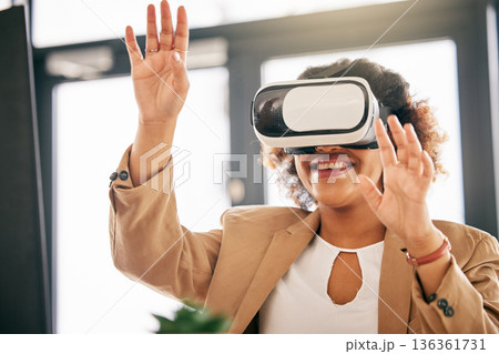 Business woman, office and vr technology for system, metaverse and futuristic cyber media. Happy female worker, user experience and digital world with virtual reality glasses, software and UX project Business woman, office and vr technology for system, metaverse and futuristic cyber media. Happy female worker, user experience and digital world with virtual reality glasses, software and UX project 136361731