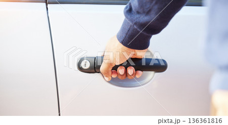 Hand, handle and outdoor for car door, open and ready for drive, travel or transportation on street. Person, chauffeur or transport employee with vehicle for journey, driving or road trip adventure Hand, handle and outdoor for car door, open and ready for drive, travel or transportation on street. Person, chauffeur or transport employee with vehicle for journey, driving or road trip adventure 136361816