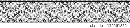 Seamless border of semicircular festoons. Lace vintage seamless border. Boho decor. Black linear ornament on white background. Seamless border of semicircular festoons. Lace vintage seamless border. Boho decor. Black linear ornament on white background. 136361823