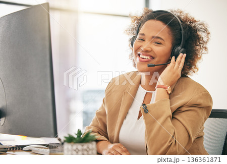 Call center, African woman and portrait of telemarketing agent at computer for customer service, web support or CRM. Happy business consultant at desktop for sales consulting, telecom or contact 136361871