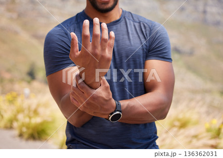 Sports runner, hand or wrist pain from fitness training injury or running workout accident outdoor. Healthy person, forearm muscle or closeup of injured male athlete with exercise emergency in nature 136362031