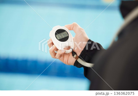 Stopwatch, sports and hands of coach at swimming pool for training, workout and fitness tracker. Personal trainer, exercise and competition with closeup of person and timer for check and cardio Stopwatch, sports and hands of coach at swimming pool for training, workout and fitness tracker. Personal trainer, exercise and competition with closeup of person and timer for check and cardio 136362075