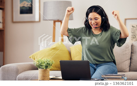 Winner, success and woman for call center, work from home opportunity and sales, target or bonus on laptop. Yes, wow and young person or consultant for e learning goal, online results or news on sofa Winner, success and woman for call center, work from home opportunity and sales, target or bonus on laptop. Yes, wow and young person or consultant for e learning goal, online results or news on sofa 136362101