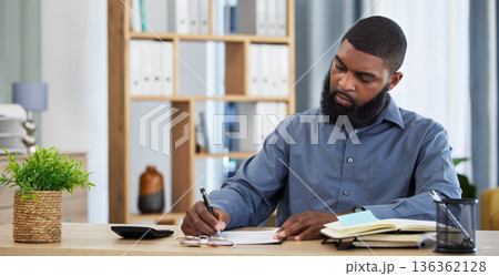 Working, black man and planning finance or budget with documents or writing on paper, checklist or accounting in home. Tax, audit or businessman with remote work in office with financial accountant 136362128