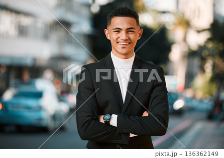 Crossed arms, business and portrait of happy man in city for confident, startup goals and commute. Travel, professional job and face of male entrepreneur in urban town for career, working and success Crossed arms, business and portrait of happy man in city for confident, startup goals and commute. Travel, professional job and face of male entrepreneur in urban town for career, working and success 136362149