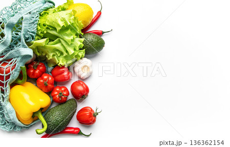 Fresh vegetables in reusable net bag for zero waste 136362154