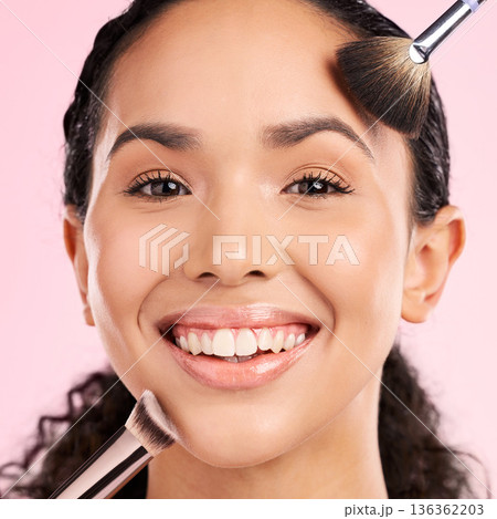 Foundation, makeup and brush with portrait of woman in studio for beauty, cosmetics and facial. Skincare, health and self care with female model on pink background for dermatology, glow and product 136362203