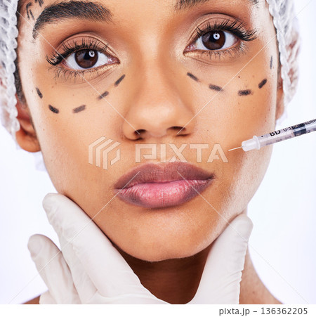 Plastic surgery, beauty and injection with portrait of woman in studio for lip filler, skincare and collagen. Spa treatment, medical and cosmetics with face of person on white background for facial 136362205