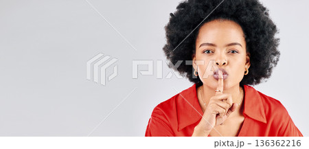 Secret, portrait and black woman with finger on lips in studio for sign of privacy, mockup space and white background. Banner, face and female model shush for noise, mystery news and silence emoji 136362216