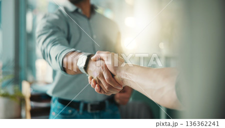 Shaking hands, job interview and recruitment with deal at office, onboarding and success at hr agency. Business people, handshake and welcome with hiring, human resources or opportunity at company 136362241