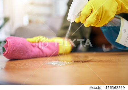 Person, hands and spray on table with cloth for hygiene, bacteria or germ removal at home. Closeup of cleaner, housekeeper or maid wiping furniture in domestic service or disinfection on desk surface 136362269