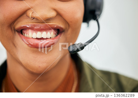 Call center, woman mouth and smile of telemarketing agent with microphone for customer service, web support or CRM. Closeup face of happy female sales consultant for telecom questions, FAQ or contact 136362289
