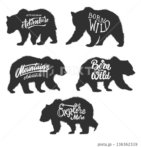Born wild. Silhouette of grizzly bear with lettering. Design element for poster, card, banner, sign. Vector illustration 136362319