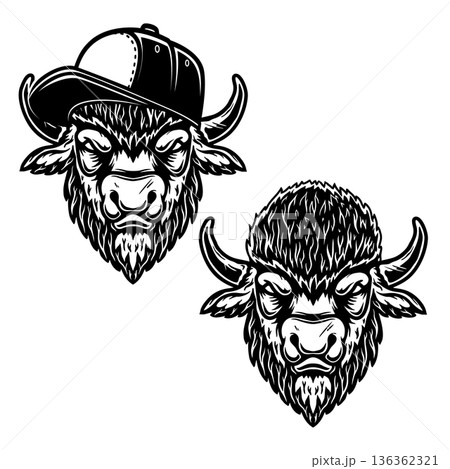 Bison in a baseball cap. Design element for logo, label, sign, poster.Vector illustration 136362321