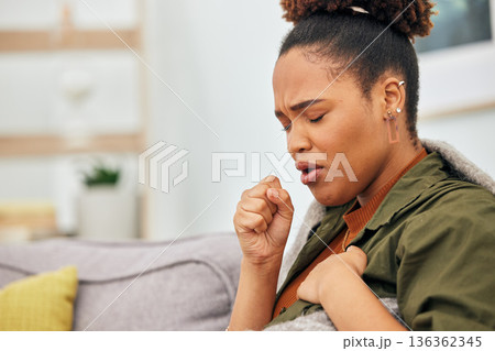 Sick, cough and woman in home with health problem of flu, cold or medical virus. Black female person, pain and coughing for asthma attack, tuberculosis and sore throat of allergy, lungs or pneumonia 136362345