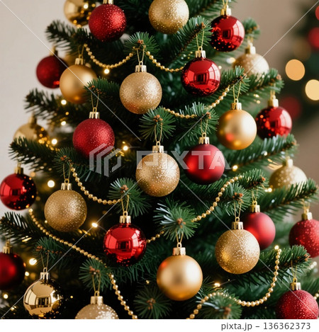 A Christmas tree stands adorned with shiny red and gold ornaments. Lights twinkle among the branches, creating a joyful atmosphere for the holiday season Generative AI 136362373