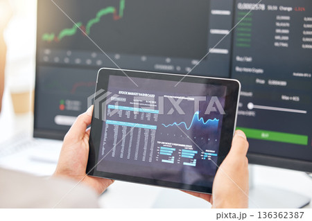 Tablet in hands, graphs and stock market with fintech and trading, investment and financial stats on dashboard. Finance information, trader person and cryptocurrency, data analysis, charts and app Tablet in hands, graphs and stock market with fintech and trading, investment and financial stats on dashboard. Finance information, trader person and cryptocurrency, data analysis, charts and app 136362387