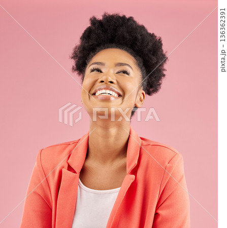 Business woman, happy and laugh in studio with smile feeling excited and proud from advertising job. African female person, funny and pink background with creative success and professional employee Business woman, happy and laugh in studio with smile feeling excited and proud from advertising job. African female person, funny and pink background with creative success and professional employee 136362391