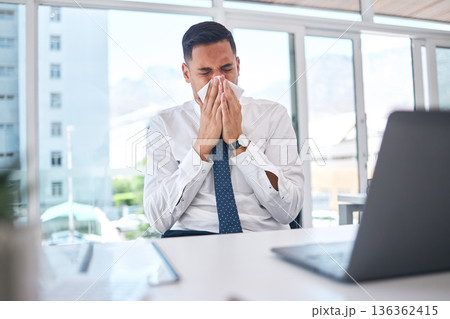 Sick, allergy and blowing nose with business man in office for flu illness, hayfever and sneeze. Allergies, virus and sinus with employee and sneezing with tissue for influenza, cold and healthcare Sick, allergy and blowing nose with business man in office for flu illness, hayfever and sneeze. Allergies, virus and sinus with employee and sneezing with tissue for influenza, cold and healthcare 136362415