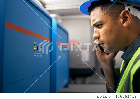 Phone call, man and check with engineer on power box, control room or technician with switchboard or maintenance on generator. Electrician, construction worker and advice on inverter or server 136362418