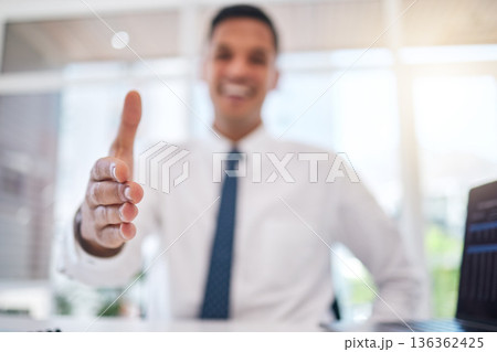 Closeup of a businessman stretching for shaking hands gesture for partnership, greeting or agreement. Success, welcome and zoom of professional male person with a handshake for welcome in the office. Closeup of a businessman stretching for shaking hands gesture for partnership, greeting or agreement. Success, welcome and zoom of professional male person with a handshake for welcome in the office. 136362425