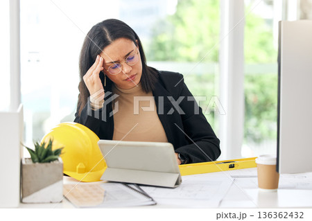 Headache problem, architect burnout and woman stress over development project, floor plan or work. Mental health, crisis and sad person with depression, migraine pain or architecture engineering fail 136362432