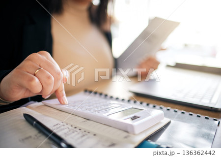 Hands, calculator and accountant working with documents, financial report or analysis of audit, taxes or budget. Finance, employee or planning with numbers, data or growth in business investment 136362442