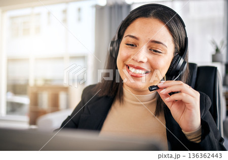 Happy woman, call center and headphones for customer service, telemarketing or support at the office. Face of friendly female person, consultant or agent smile for online advice or help at workplace 136362443