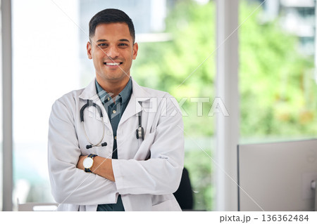 Smile, portrait of man and doctor with arms crossed in hospital or clinic. Face, medical professional or confident surgeon, happy expert or employee from Brazil ready for healthcare, wellness or work Smile, portrait of man and doctor with arms crossed in hospital or clinic. Face, medical professional or confident surgeon, happy expert or employee from Brazil ready for healthcare, wellness or work 136362484