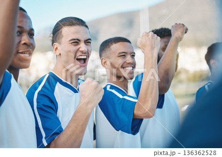 Soccer player, victory or excited team in celebration for goal or success on a field in sports game together. Winners, teamwork or happy football players winning a tournament match achievement prize Soccer player, victory or excited team in celebration for goal or success on a field in sports game together. Winners, teamwork or happy football players winning a tournament match achievement prize 136362528