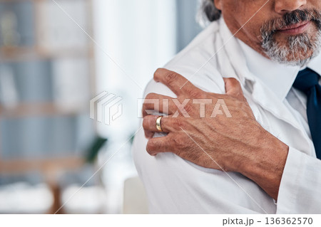 Shoulder pain, hands and business man with body injury, medical emergency crisis or fibromyalgia. Trauma accident, pressure or professional person, closeup businessman or agent with arthritis risk 136362570