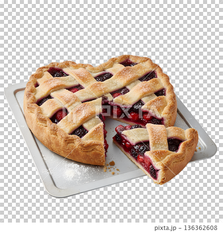 Homemade heart-shaped berry pie with a golden lattice crust and a slice removed, perfect for valentine's day, thanksgiving, or family baking blogs Homemade heart-shaped berry pie with a golden lattice crust and a slice removed, perfect for valentine's day, thanksgiving, or family baking blogs 136362608