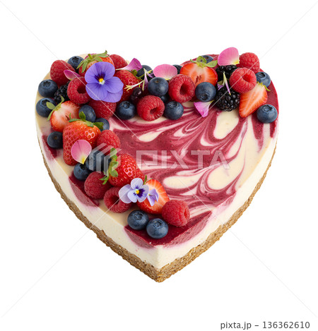Delicious heart-shaped berry cheesecake with beautiful pink swirls and fresh fruit topping, perfect for valentine's day or romantic celebrations Delicious heart-shaped berry cheesecake with beautiful pink swirls and fresh fruit topping, perfect for valentine's day or romantic celebrations 136362610