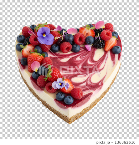 Delicious heart-shaped berry cheesecake with beautiful pink swirls and fresh fruit topping, perfect for valentine's day or romantic celebrations Delicious heart-shaped berry cheesecake with beautiful pink swirls and fresh fruit topping, perfect for valentine's day or romantic celebrations 136362610
