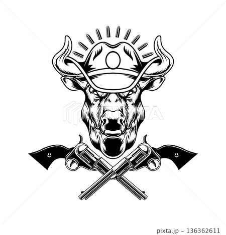 Illustration of bull head in cowboy hat and crossed revolvers. Design elements for logo, emblem, sign. Vector illustration 136362611