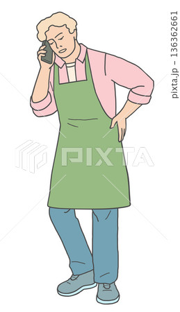 Vector illustration of a male florist talking on the phone. Flower shop customer service and order communication concept, isolated on white background. 136362661