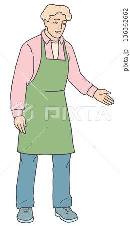 Vector illustration of a male florist gesturing and greeting a customer. Flower shop service and communication concept on white background. 136362662