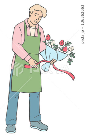 Vector illustration of a male florist tying a ribbon on a flower bouquet. Floral design process and bouquet preparation, isolated on white background. 136362663