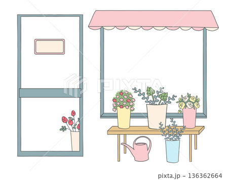 Vector illustration of a cozy flower shop facade with door, awning and window display. Potted flowers and plants on a table with watering can, isolated on white background. 136362664
