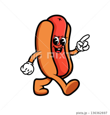 Funny cartoon hot dog character walking with a smile, pointing up. Retro vintage mascot style, bold lines, colorful vector illustration. Perfect for fast food ads and kids designs. Funny cartoon hot dog character walking with a smile, pointing up. Retro vintage mascot style, bold lines, colorful vector illustration. Perfect for fast food ads and kids designs. 136362697