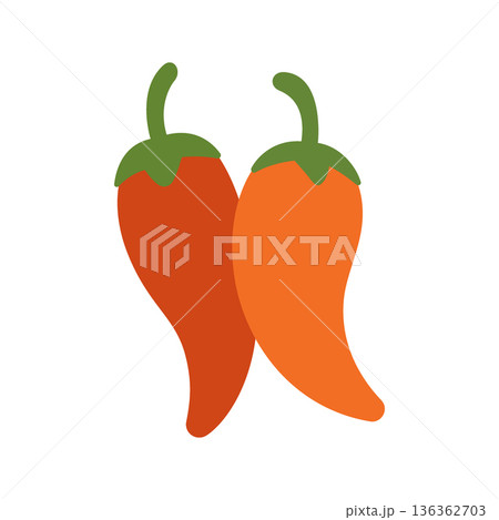 Spicy chili peppers in red and orange. Flat vector Mexican food illustration for culinary and hot spice designs 136362703