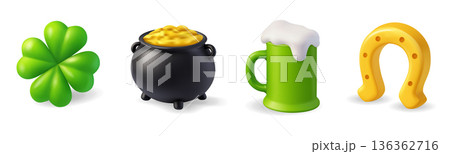 St. Patricks Day set. Clover, pot of gold, green beer mug, and golden horseshoe. 3D festive vector illustration 136362716