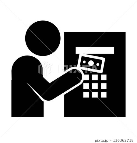 ATM withdraw cash icon pictogram illustration showing customer receiving money from bank machine. 136362719