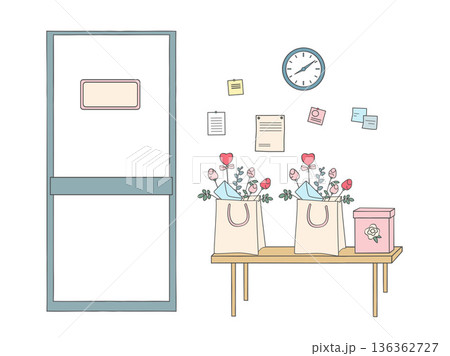 Florist shop interior scene with wall clock and notes, table with paper bags holding flower bouquets and a gift box. Flower delivery and packaging concept. Vector illustration on white background. Florist shop interior scene with wall clock and notes, table with paper bags holding flower bouquets and a gift box. Flower delivery and packaging concept. Vector illustration on white background. 136362727