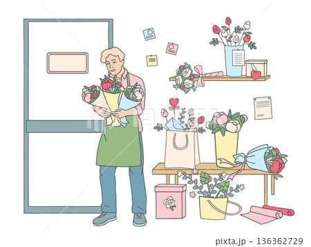 Vector illustration of a florist holding several flower bouquets near the flower shop entrance. Floral design work and bouquet delivery concept on white background. 136362729