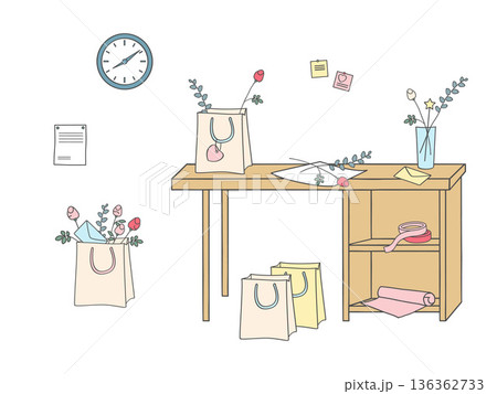 Vector illustration of a florist workspace with table, paper bags holding bouquets, notes and wall clock. Flower shop interior and order preparation concept. 136362733